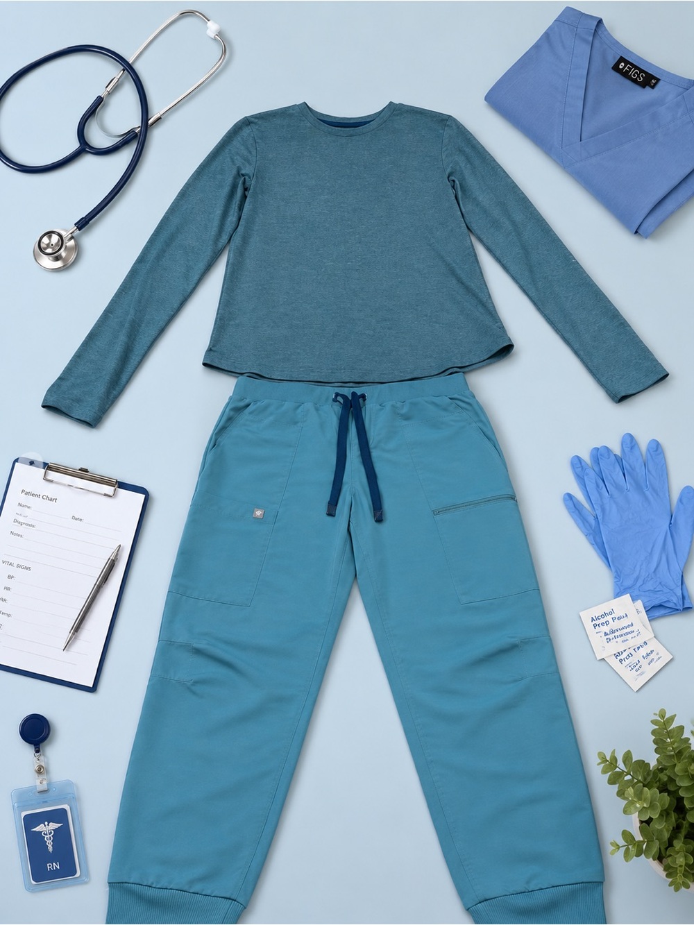 Fabletics Teal Top with Aqua Jogger Scrub Set